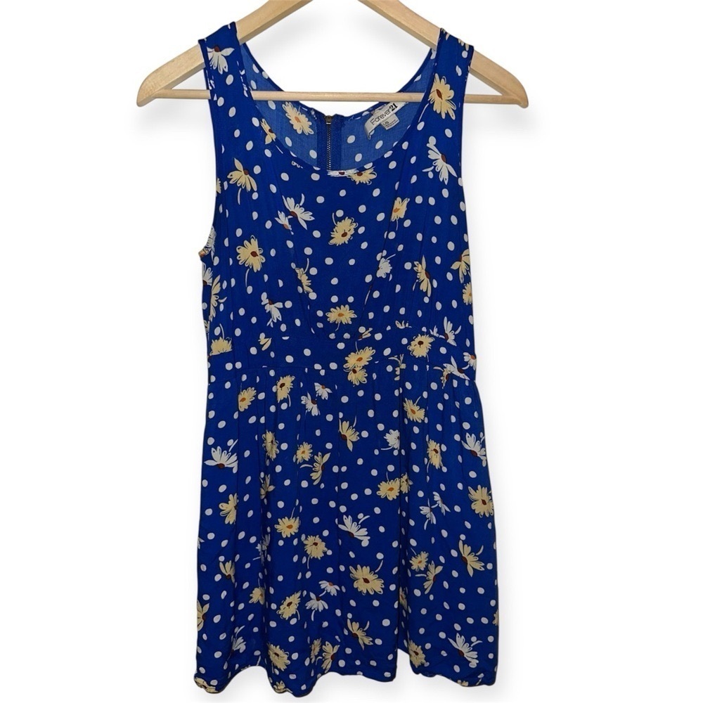 EUC Forever 21 Blue Dress with Yellow Floral and White Dots
